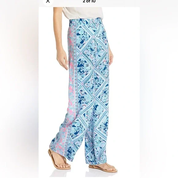 Lilly Pulitzer Bal Harbour Zanzibar Blue Mid-Rise Palazzo Flowy Pants XL beach - Picture 1 of 10